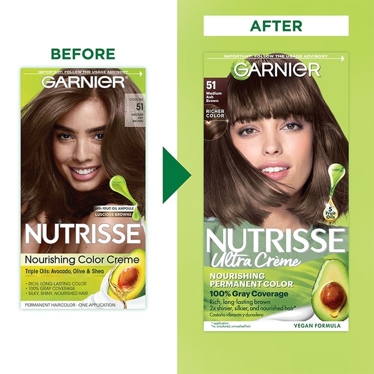 Medium Ash Brown Hair Color Before After Nutrisse Nourish Permanent Black Color Grey coverage - Garnier